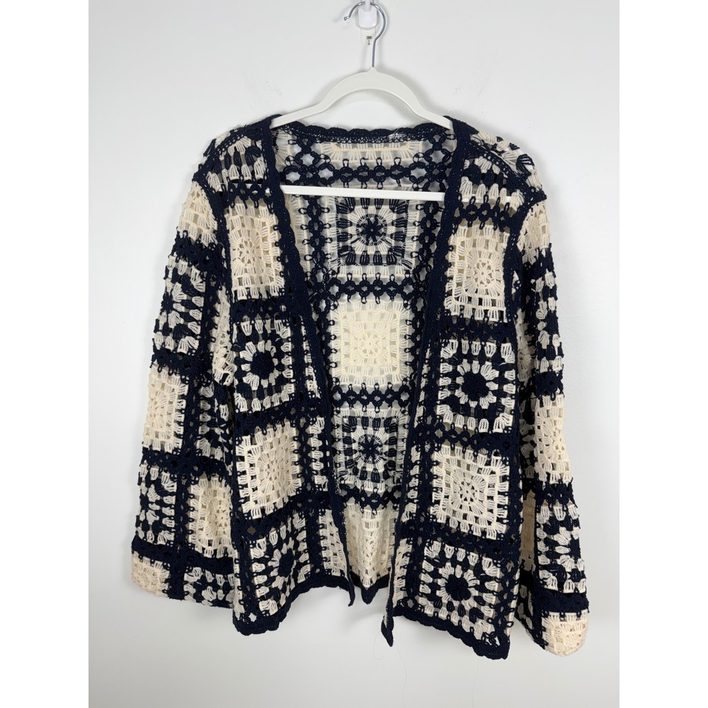 Handmade Blue Ivory Granny Square Crochet Open Front Cardigan Boho Women Size L